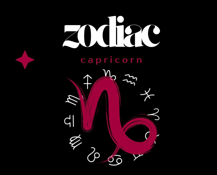 Capricorn zodiac sign with decorative elements on a black background