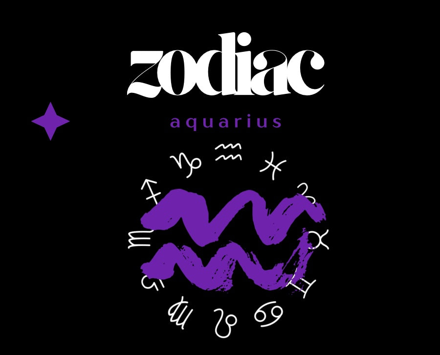 Aquarius zodiac sign with astrological symbols on a black background