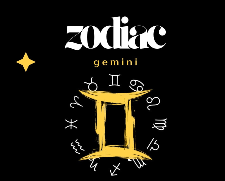Zodiac sign of Gemini with gold symbol and white text on a black background