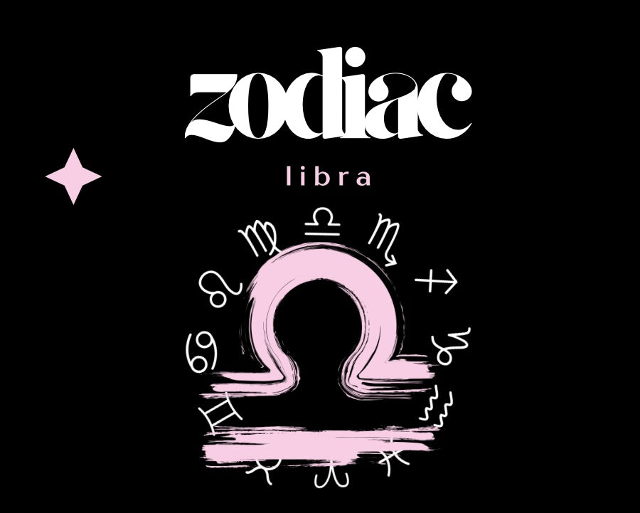 Zodiac Libra symbol with decorative elements on a black background