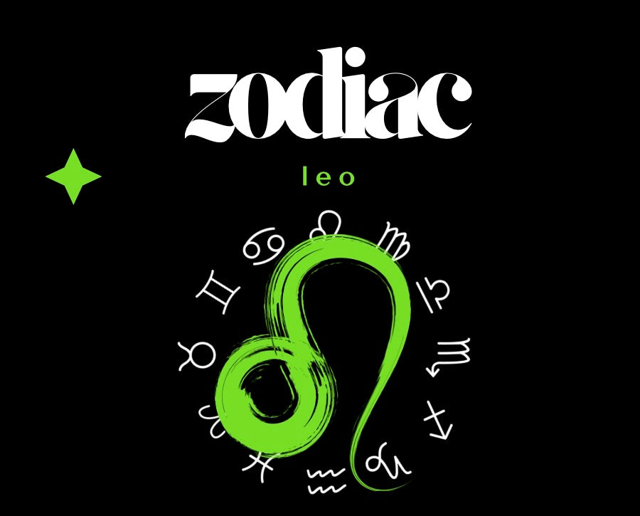 Zodiac Leo symbol with astrological signs around it on a black background