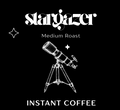 Stargazer instant coffee packaging with a telescope illustration on a black background