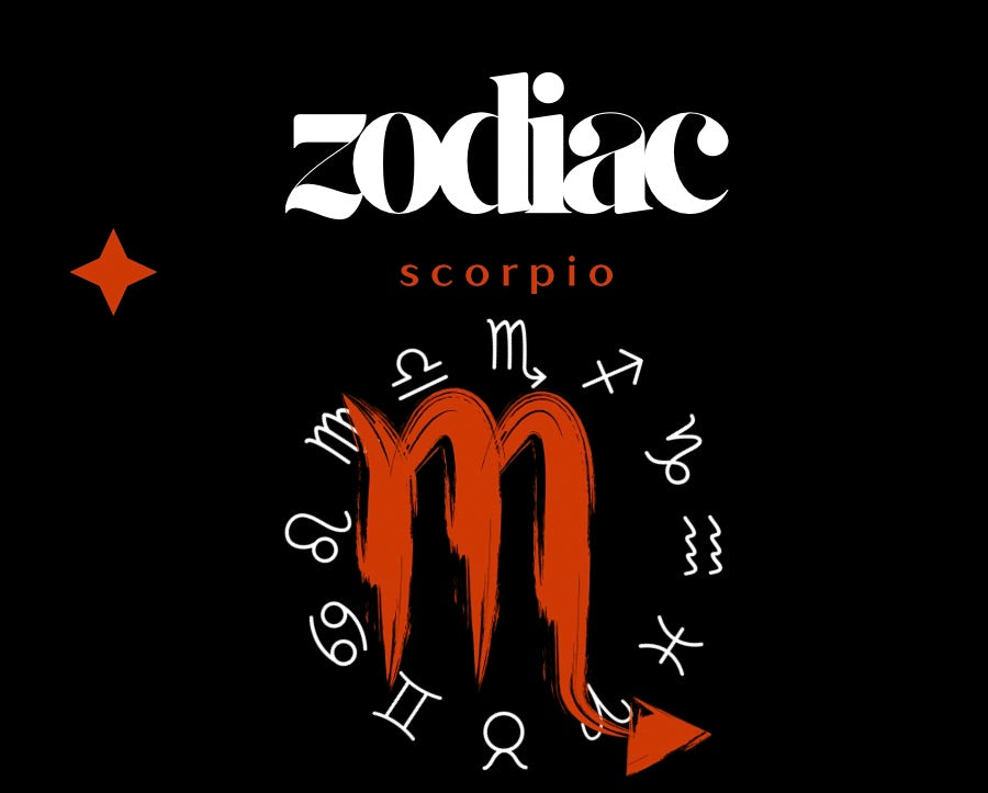 Zodiac sign for Scorpio with decorative elements on a black background