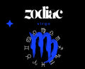 Zodiac sign of Virgo with blue symbol and white text on a black background