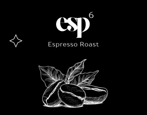 Espresso roast coffee beans with 'esp6 Espresso Roast' branding on a black background