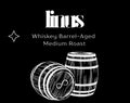 Linus whiskey barrel-aged medium roast coffee packaging with barrels illustration on a black background