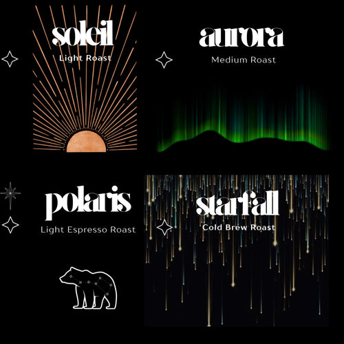 Collection of coffee roast types with corresponding graphics and text on a black background