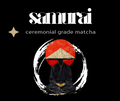 Advertisement for Samurai ceremonial grade matcha with a person in a kimono and red sun design on a black background.