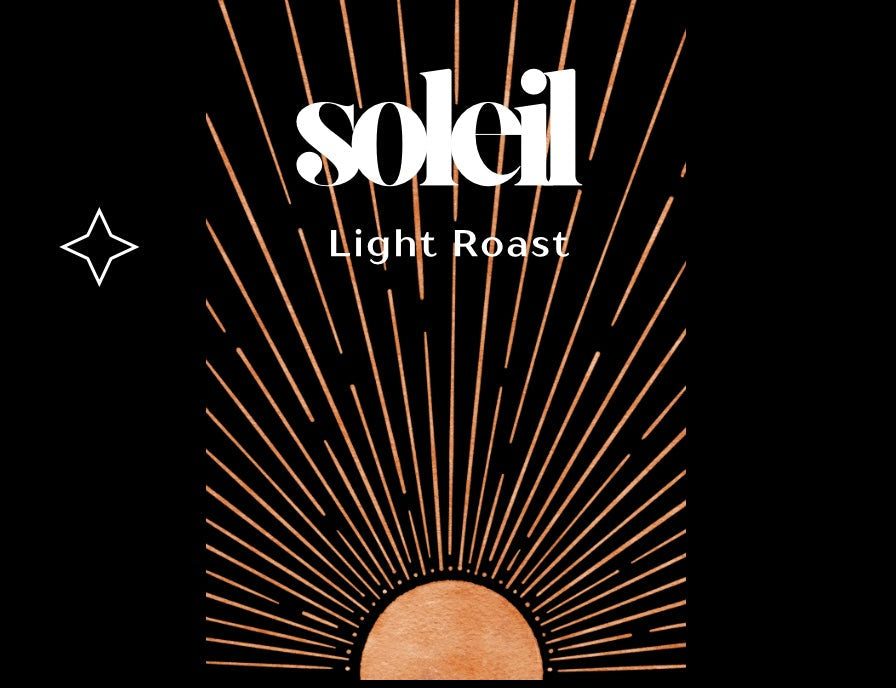 Soleil Light Roast coffee packaging with sunburst design on a black background