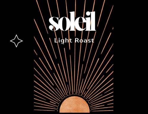 Soleil Light Roast coffee packaging with sunburst design on a black background